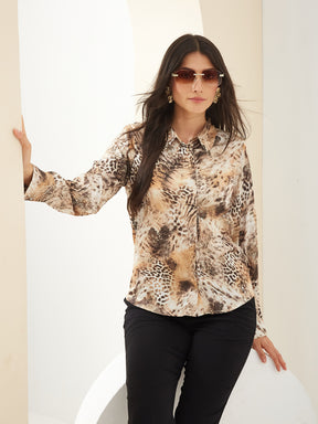 Latin Quarters Women Brown Collared Full Sleeves Printed Casual Shirt