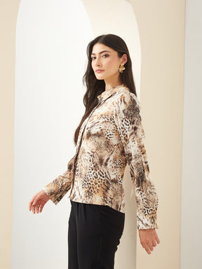 Latin Quarters Women Brown Collared Full Sleeves Printed Casual Shirt