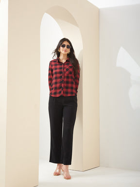 Latin Quarters Women Maroon Collared 3/4th Sleeves Checkered Casual Shirt