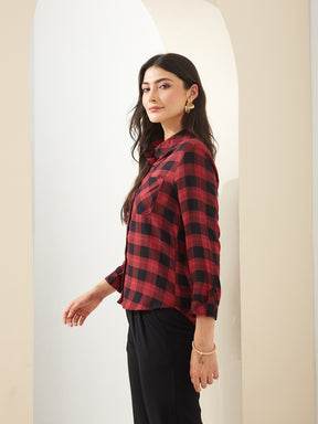 Latin Quarters Women Maroon Collared 3/4th Sleeves Checkered Casual Shirt