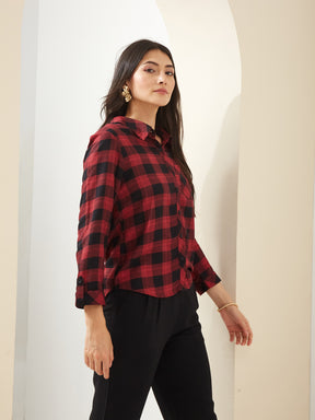 Latin Quarters Women Maroon Collared 3/4th Sleeves Checkered Casual Shirt