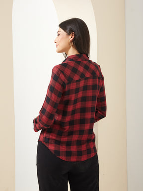 Latin Quarters Women Maroon Collared 3/4th Sleeves Checkered Casual Shirt
