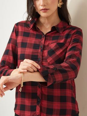 Latin Quarters Women Maroon Collared 3/4th Sleeves Checkered Casual Shirt