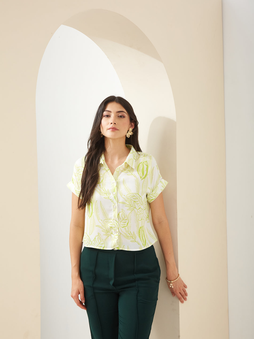 Latin Quarters Women Green Collared Short Sleeves Printed Casual Shirt