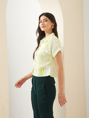 Latin Quarters Women Green Collared Short Sleeves Printed Casual Shirt