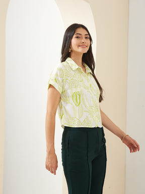 Latin Quarters Women Green Collared Short Sleeves Printed Casual Shirt
