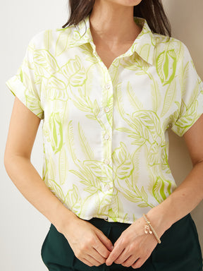 Latin Quarters Women Green Collared Short Sleeves Printed Casual Shirt