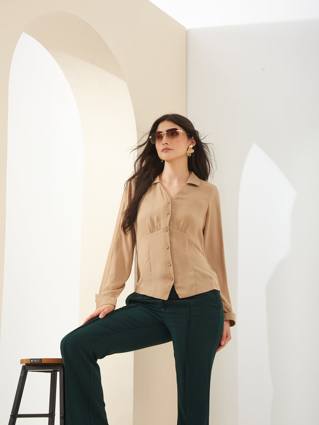 Latin Quarters Women Beige Collared Full Sleeves Solid Casual Shirt