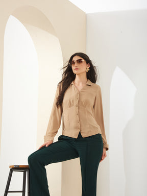 Latin Quarters Women Beige Collared Full Sleeves Solid Casual Shirt