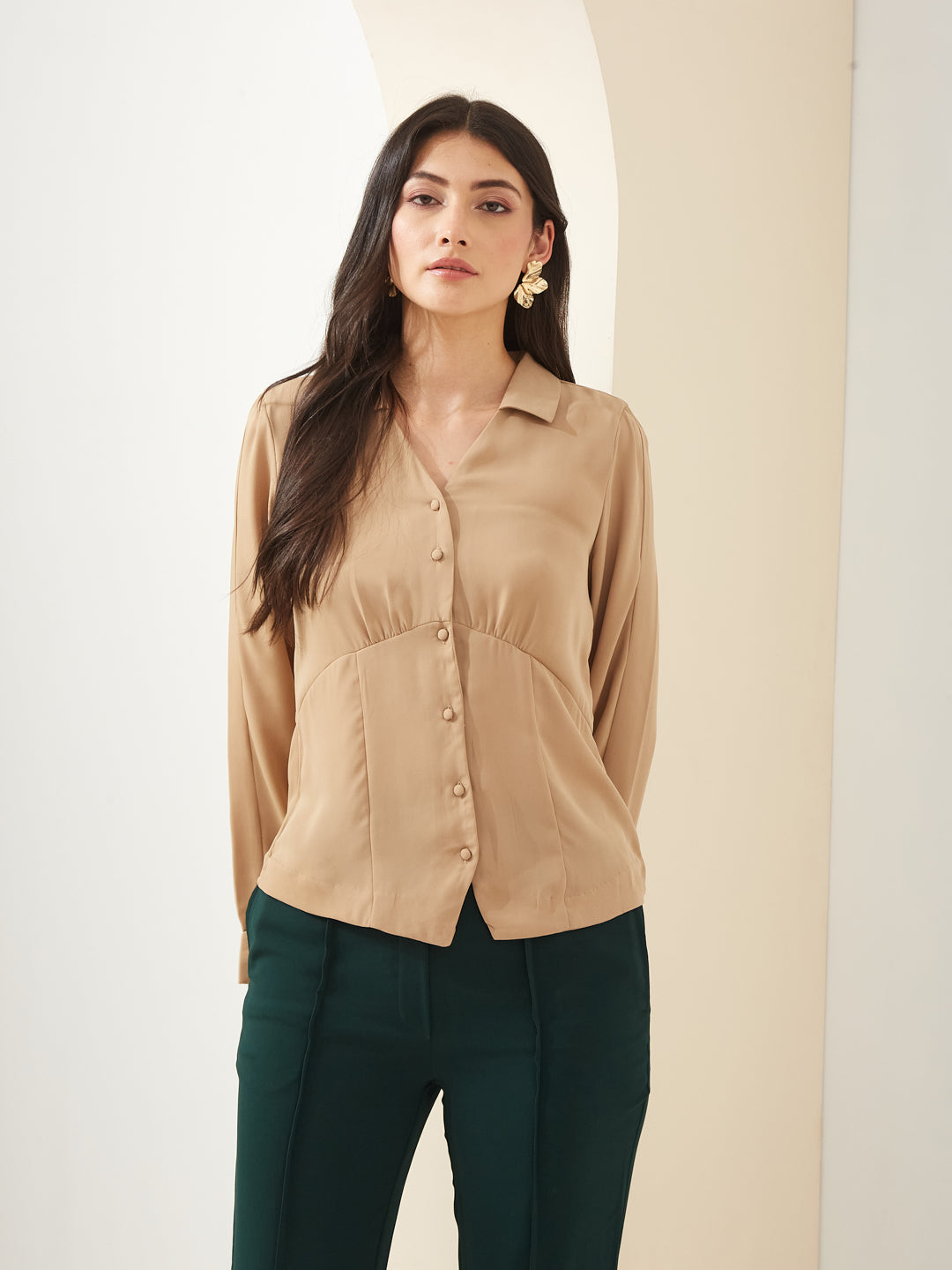 Latin Quarters Women Beige Collared Full Sleeves Solid Casual Shirt