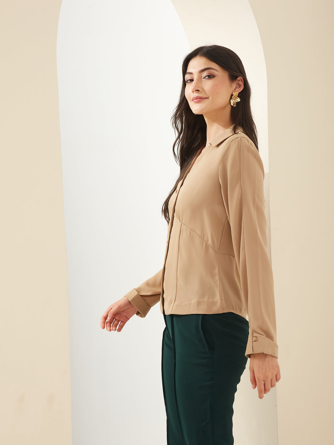 Latin Quarters Women Beige Collared Full Sleeves Solid Casual Shirt