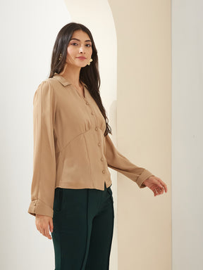 Latin Quarters Women Beige Collared Full Sleeves Solid Casual Shirt