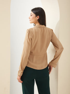 Latin Quarters Women Beige Collared Full Sleeves Solid Casual Shirt