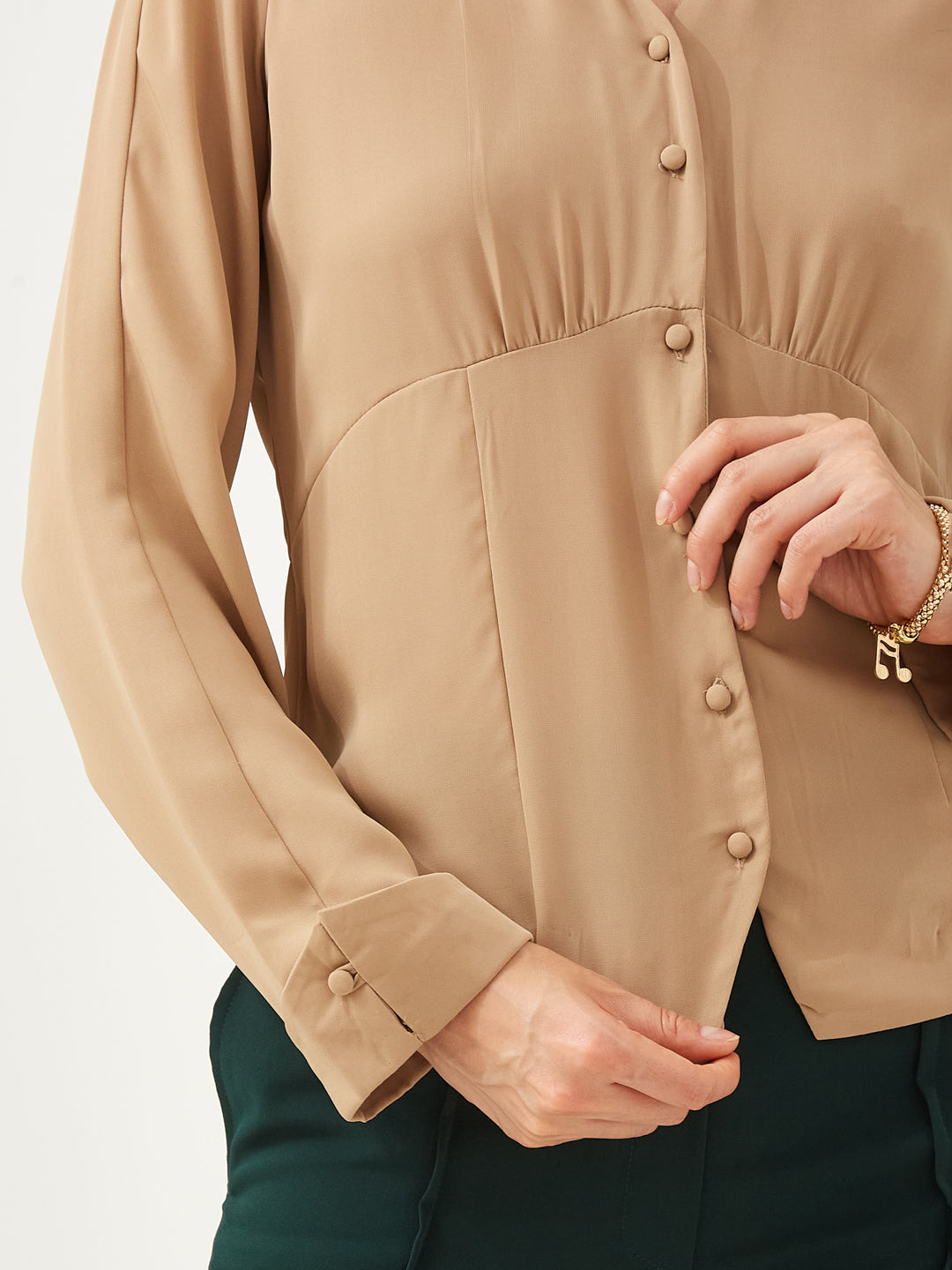 Latin Quarters Women Beige Collared Full Sleeves Solid Casual Shirt