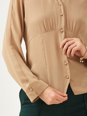 Latin Quarters Women Beige Collared Full Sleeves Solid Casual Shirt