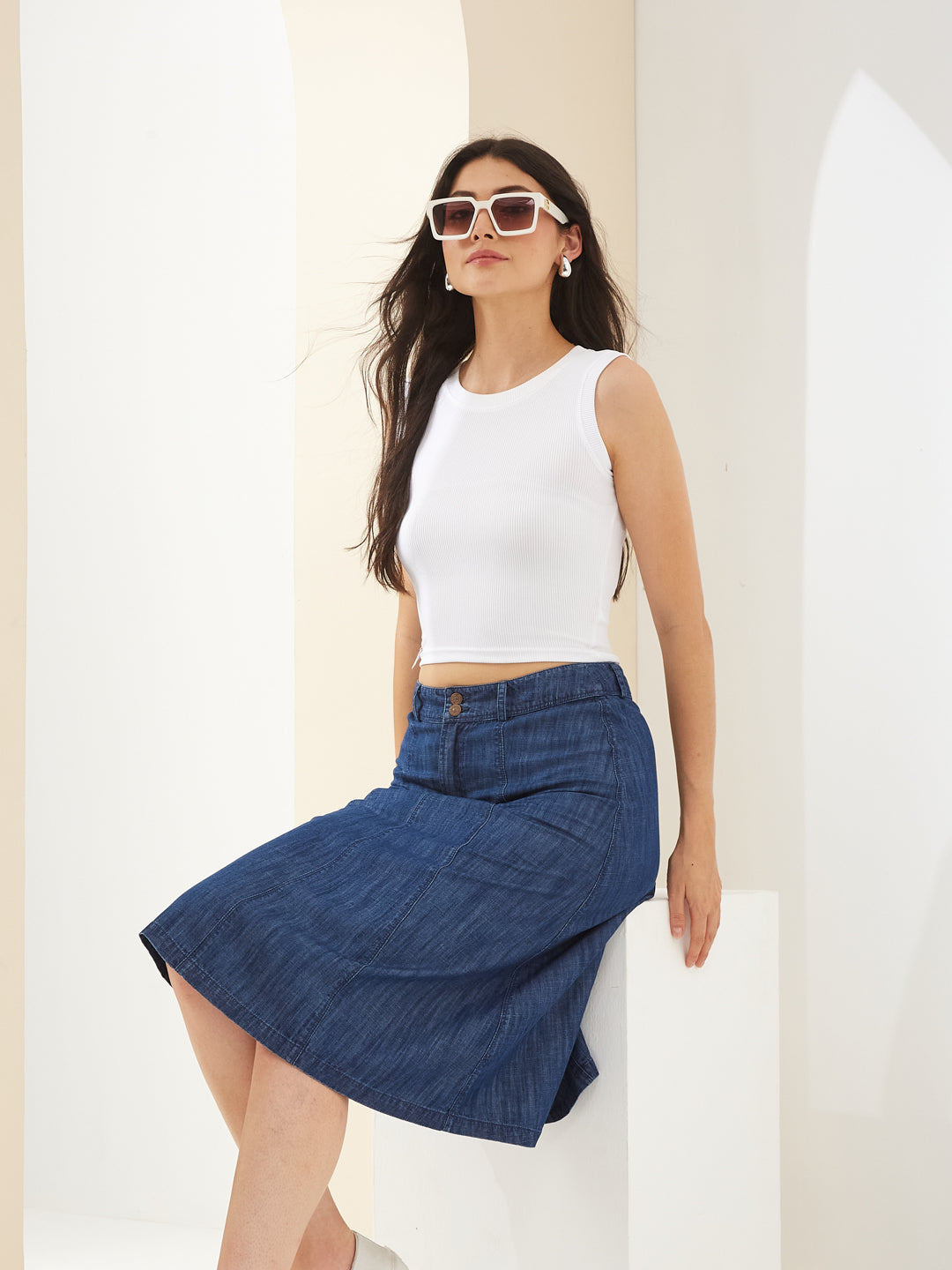 Latin Quarters Women Blue Denim Solid A-Line Casual Skirt