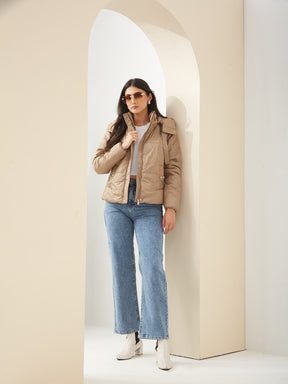 Latin Quarters Women Beige High Neck Long Sleeve Solid Casual Puffer Jacket
