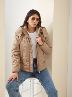 Latin Quarters Women Beige High Neck Long Sleeve Solid Casual Puffer Jacket