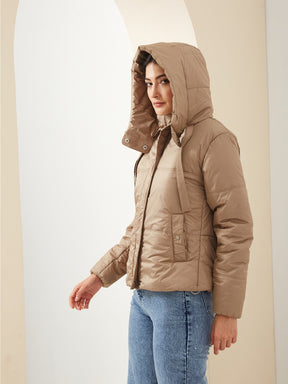 Latin Quarters Women Beige High Neck Long Sleeve Solid Casual Puffer Jacket