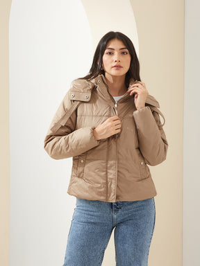 Latin Quarters Women Beige High Neck Long Sleeve Solid Casual Puffer Jacket