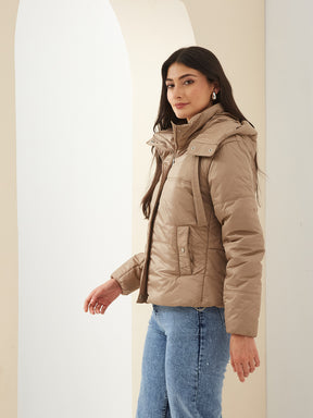 Latin Quarters Women Beige High Neck Long Sleeve Solid Casual Puffer Jacket