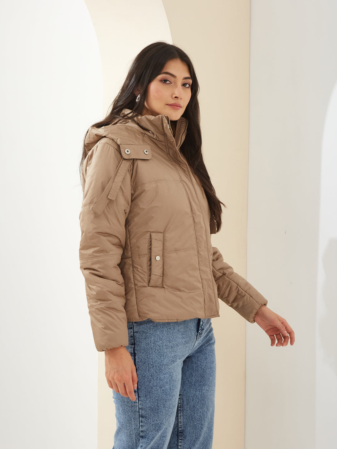 Latin Quarters Women Beige High Neck Long Sleeve Solid Casual Puffer Jacket