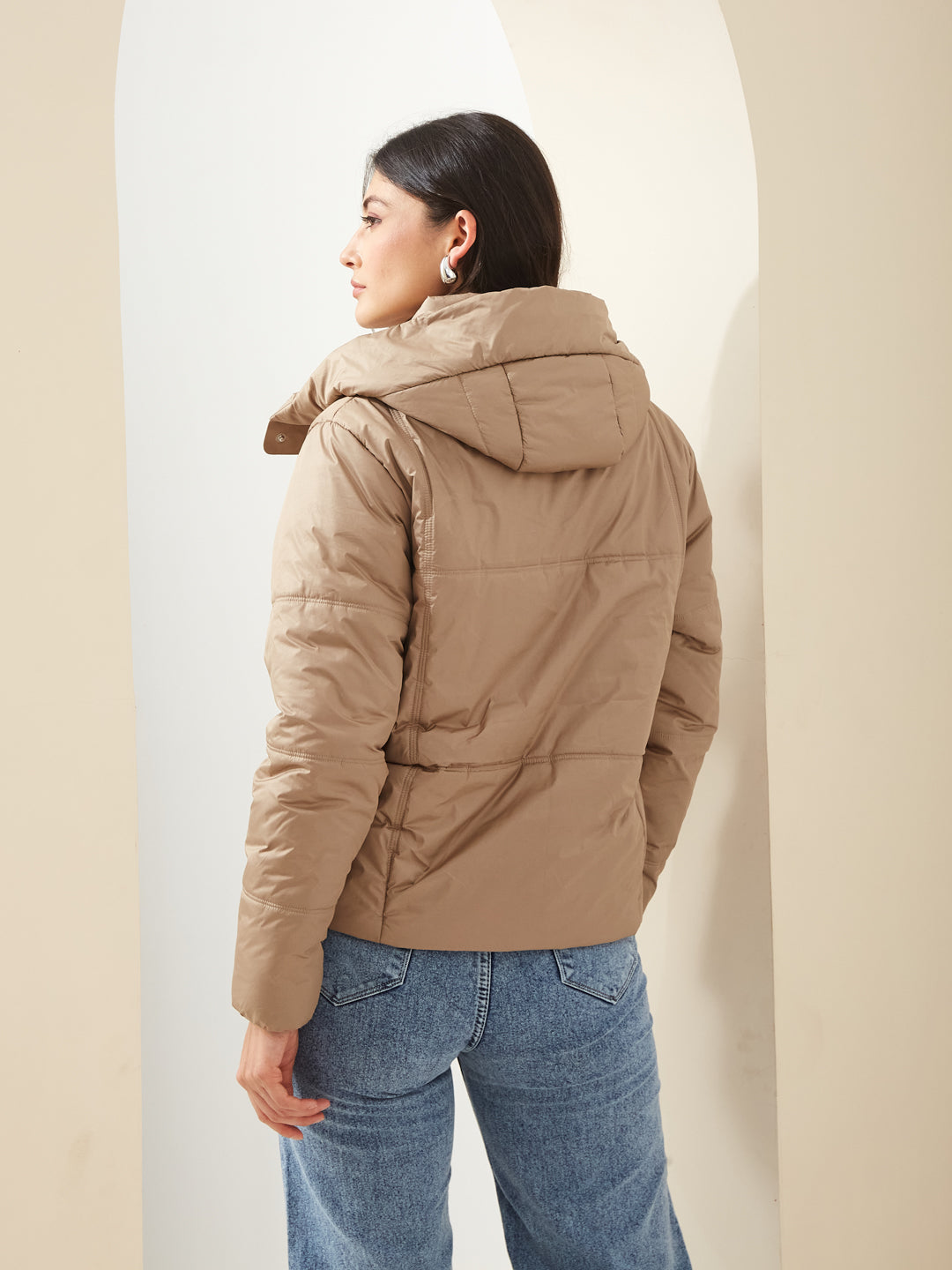 Latin Quarters Women Beige High Neck Long Sleeve Solid Casual Puffer Jacket