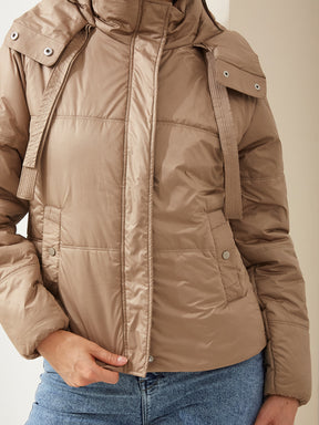 Latin Quarters Women Beige High Neck Long Sleeve Solid Casual Puffer Jacket