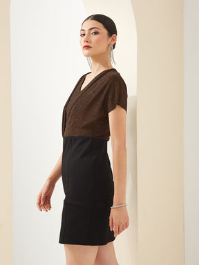 Latin Quarters Women Black V- Neck Short Sleeves Bodycon Solid Party Dress
