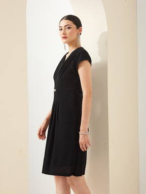 Latin Quarters Women Black V- Neck Short Sleeves A-Line Solid Party Dress