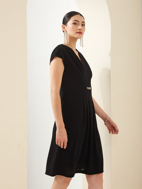Latin Quarters Women Black V- Neck Short Sleeves A-Line Solid Party Dress