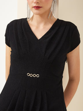 Latin Quarters Women Black V- Neck Short Sleeves A-Line Solid Party Dress