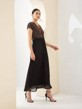 Latin Quarters Women Black V- Neck Short Sleeves A-Line Solid Party Dress