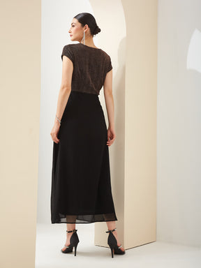 Latin Quarters Women Black V- Neck Short Sleeves A-Line Solid Party Dress