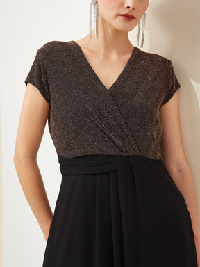 Latin Quarters Women Black V- Neck Short Sleeves A-Line Solid Party Dress