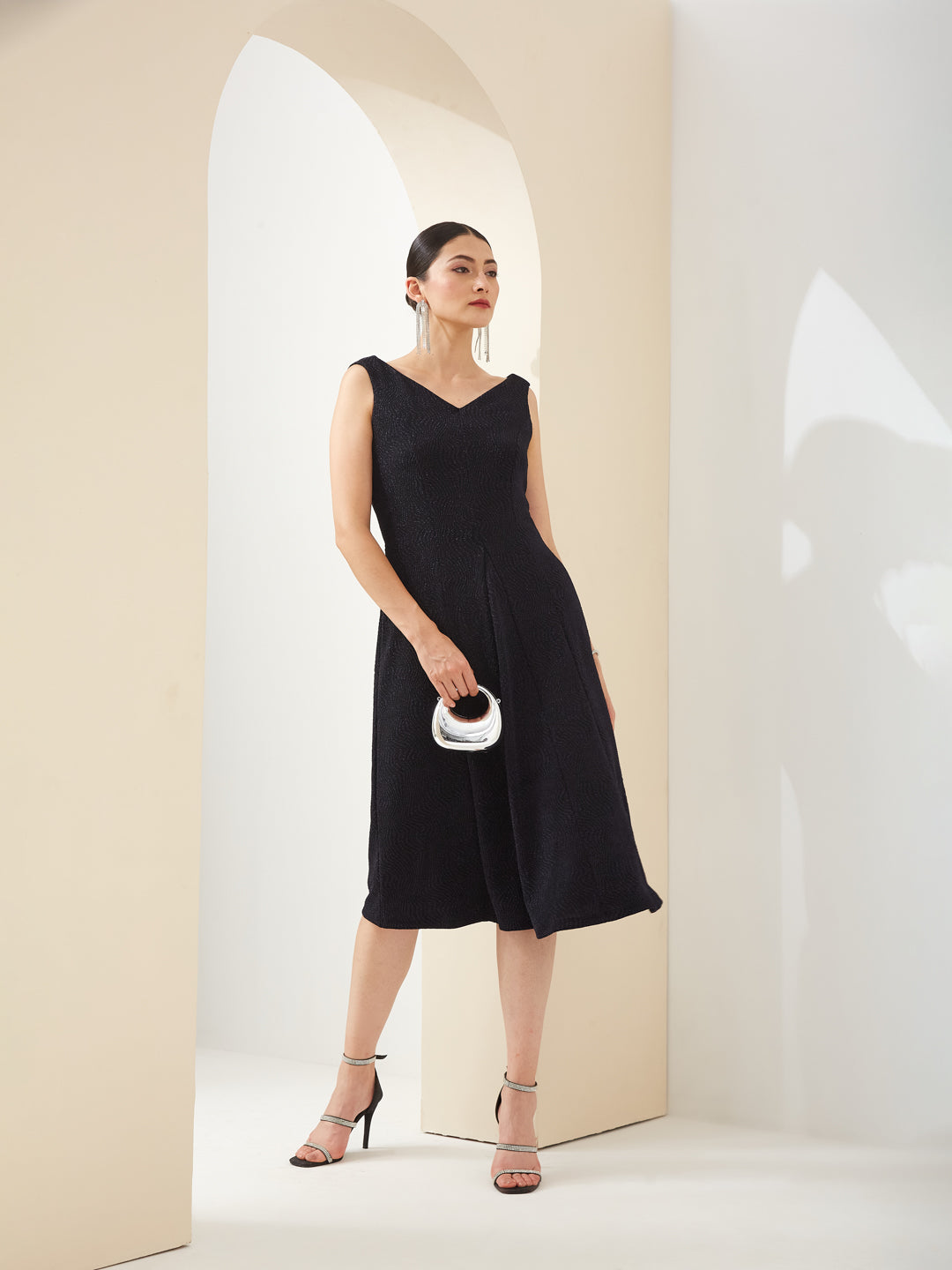 Latin Quarters Women Blue V-Neck Sleeveless A-Line Solid Party Dress