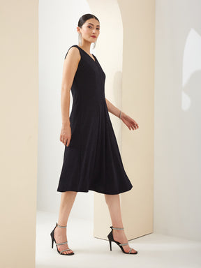 Latin Quarters Women Blue V-Neck Sleeveless A-Line Solid Party Dress