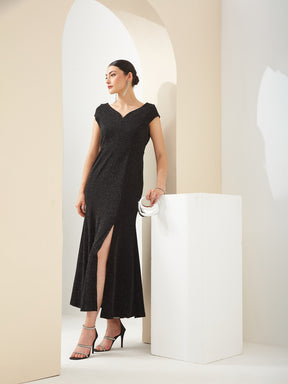 Latin Quarters Women Black Sweetheart Neck Cap Sleeve A-Line Slit Solid Party Dress