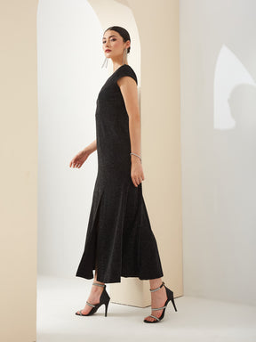 Latin Quarters Women Black Sweetheart Neck Cap Sleeve A-Line Slit Solid Party Dress