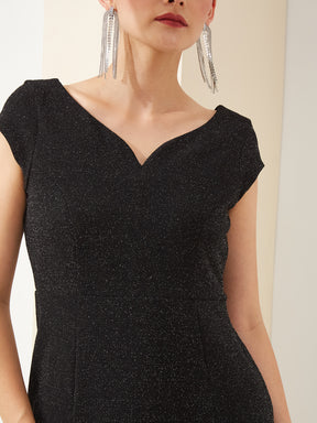 Latin Quarters Women Black Sweetheart Neck Cap Sleeve A-Line Slit Solid Party Dress