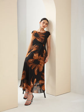 Latin Quarters Women Black Boat Neck Short Sleeves A-Line Printed Party Dress
