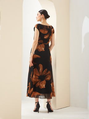 Latin Quarters Women Black Boat Neck Short Sleeves A-Line Printed Party Dress