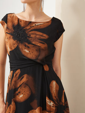 Latin Quarters Women Black Boat Neck Short Sleeves A-Line Printed Party Dress