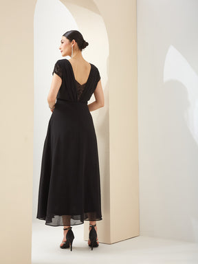 Latin Quarters Women Black V- Neck Short Sleeves A-Line Sequined Party Dress