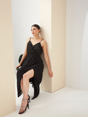 Latin Quarters Women Black V- Neck Straps A-Line Sequined Party Dress