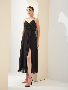 Latin Quarters Women Black V- Neck Straps A-Line Sequined Party Dress