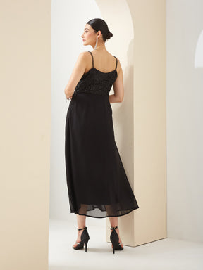 Latin Quarters Women Black V- Neck Straps A-Line Sequined Party Dress