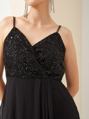 Latin Quarters Women Black V- Neck Straps A-Line Sequined Party Dress