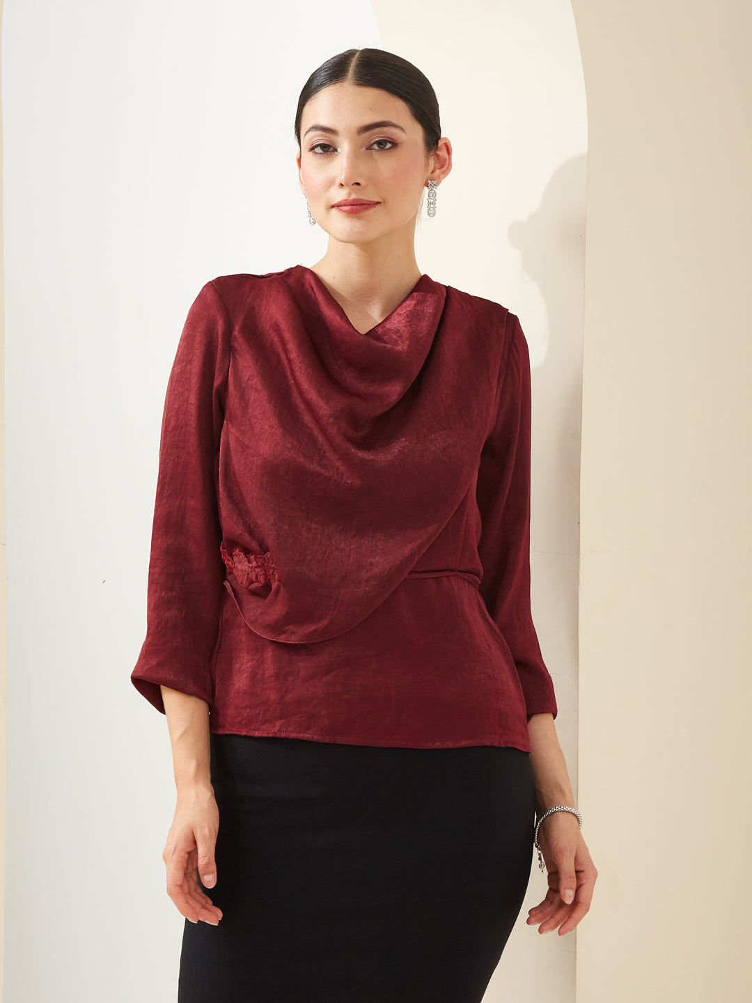 Latin Quarters Women Maroon Cowl Neck 3/4th Sleeves Solid Party Top