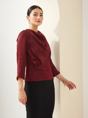 Latin Quarters Women Maroon Cowl Neck 3/4th Sleeves Solid Party Top